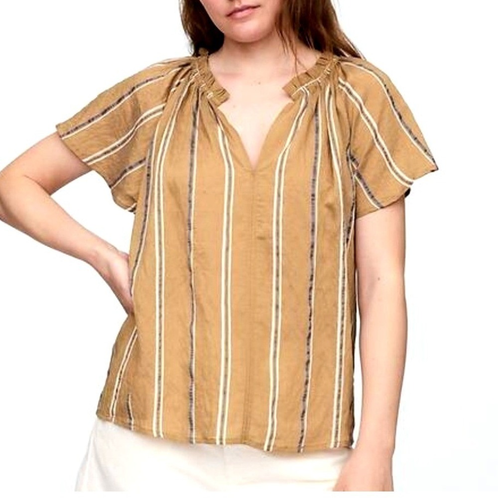 GAP Womens Brown Stripe Splitneck Zen Peasant Top Ruffle Short Sleeve Large